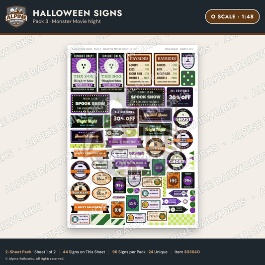 Alpine Railworks 30364O O Scale Halloween Signs - Monster Movie Night