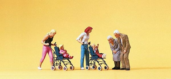 Preiser 10493 HO Scale Pedestrians Mothers Children In Strollers & Grandparents