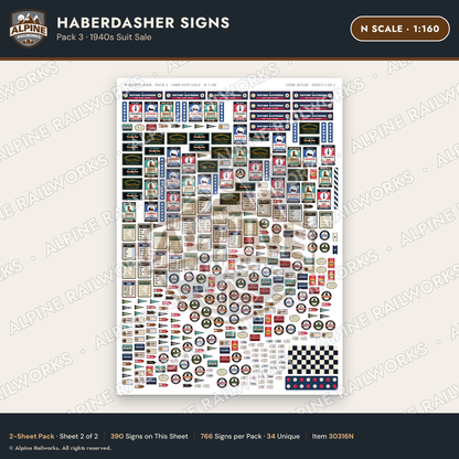 Alpine Railworks 30316N N Scale Haberdasher Signs - 1940s Suit Sale