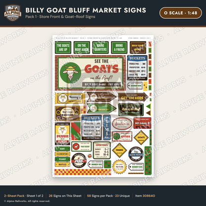 Alpine Railworks 30864O O Scale Roadside Signs - Goats on the Roof