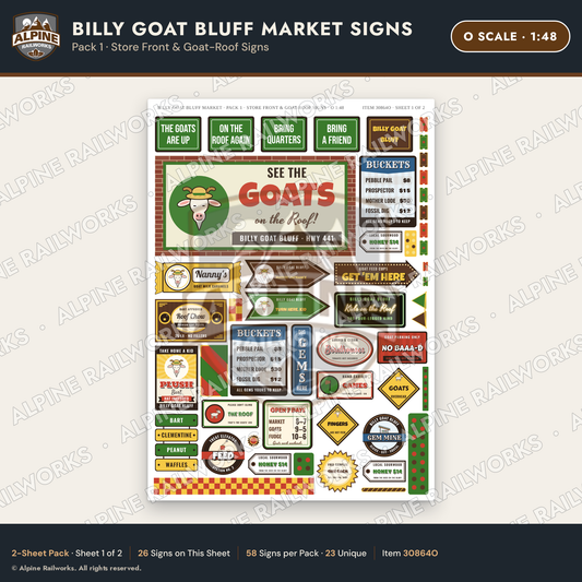 Alpine Railworks 30864O O Scale Roadside Signs - Goats on the Roof