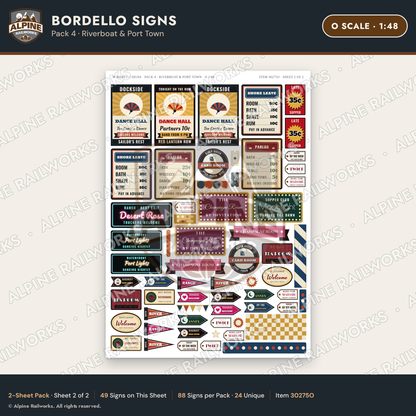 Alpine Railworks 30275O O Scale Bordello Signs - Riverboat & Port Town