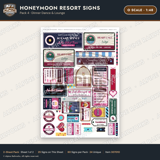 Alpine Railworks 30701O O Scale Honeymoon Resort Signs - Dinner Dance