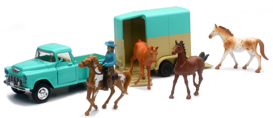New Ray 54996-C 1/32 Horse and Rider Playset, Teal Chevy
