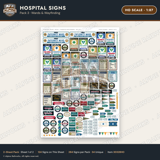 Alpine Railworks 30328HO HO Scale Hospital Signs - Wards & Wayfinding