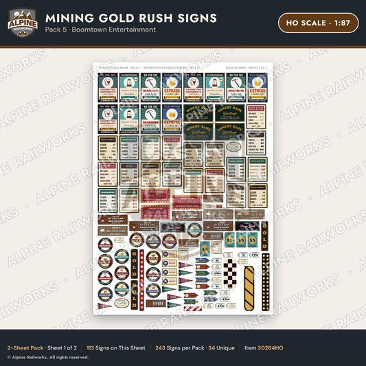 Alpine Railworks 30264HO HO Scale Mining Gold Rush Signs