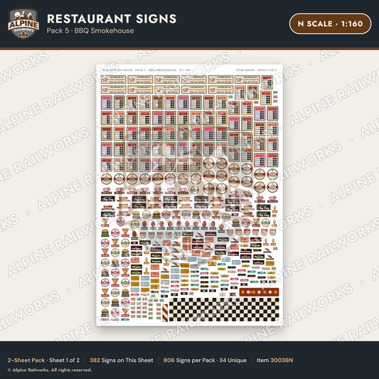 Alpine Railworks 30036N N Scale Restaurant Signs - BBQ Smokehouse