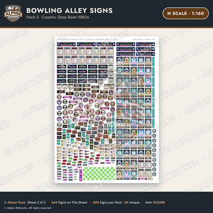 Alpine Railworks 30228N N Scale Bowling Alley Signs - Cosmic Glow Bowl