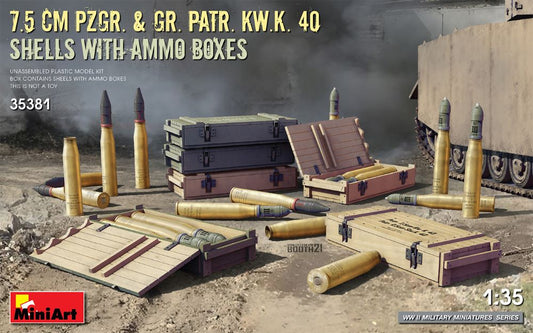 Miniart Models 35381 1/35 WWII 7.5cm PZGR & GR PATR KwK 40 Shells w/Ammo Boxes
