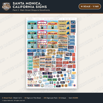 Alpine Railworks 31249N N Scale Santa Monica CA Signs - Shops