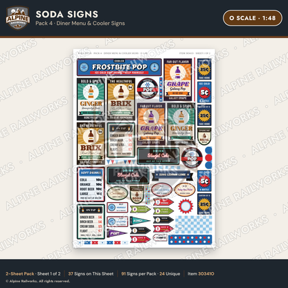 Alpine Railworks 30341O O Scale Soda Signs - Diner Menu & Cooler