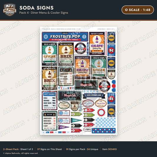 Alpine Railworks 30341O O Scale Soda Signs - Diner Menu & Cooler