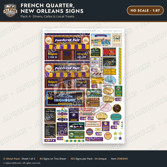 Alpine Railworks 31383HO HO Scale French Quarter Signs - Diners