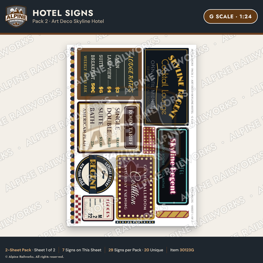 Alpine Railworks 30123G G Scale Hotel Signs - Art Deco Skyline Hotel