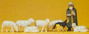 Preiser 14160 HO Scale Animals Shepherd w/Sheep Dog & Sheep pkg(8)