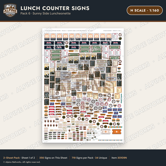 Alpine Railworks 30109N N Scale Lunch Counter Signs