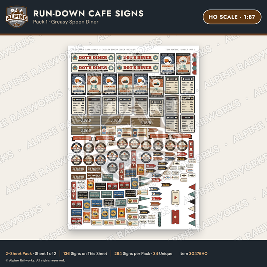 Alpine Railworks 30476HO HO Scale Run-Down Cafe Signs