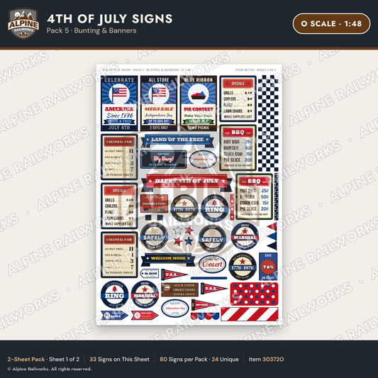Alpine Railworks 30372O O Scale 4th of July Signs - Bunting & Banners