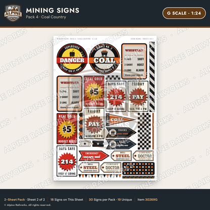 Alpine Railworks 30269G G Scale Mining Signs - Coal Country