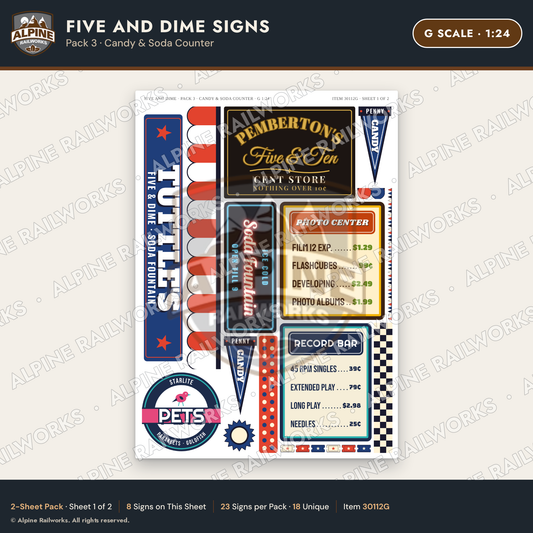 Alpine Railworks 30112G G Scale Five and Dime Signs - Candy