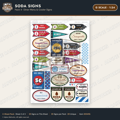 Alpine Railworks 30341G G Scale Soda Signs - Diner Menu & Cooler