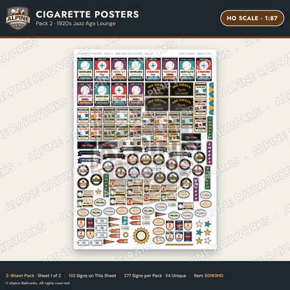Alpine Railworks 30183HO HO Scale Cigarette Posters - Jazz Age Lounge