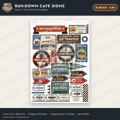 Alpine Railworks 30481G G Scale Run-Down Cafe Signs - Rusty Soda & Ad