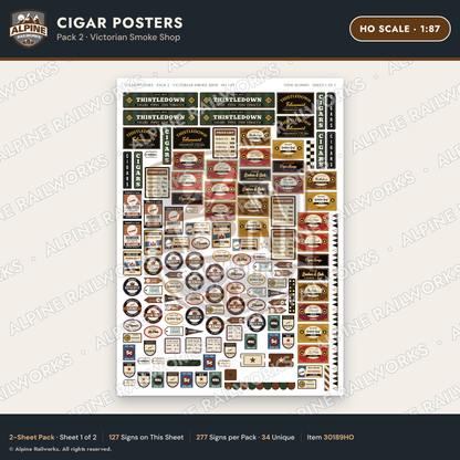 Alpine Railworks 30189HO HO Scale Cigar Posters - Victorian Smoke Shop