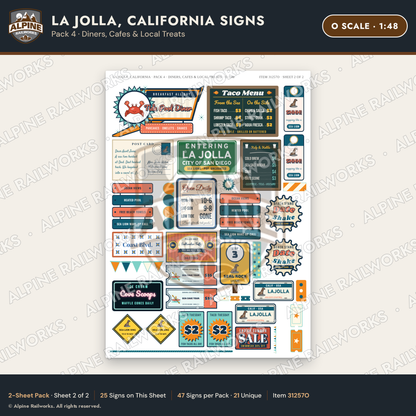 Alpine Railworks 31257O O Scale La Jolla CA Signs - Diners & Cafes