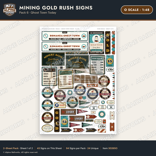 Alpine Railworks 30265O O Scale Mining Gold Rush Signs