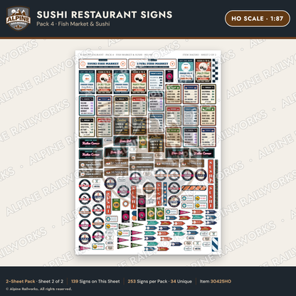 Alpine Railworks 30425HO HO Scale Sushi Restaurant Signs - Fish Market