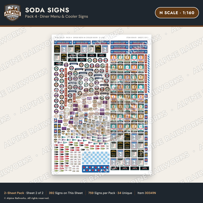 Alpine Railworks 30341N N Scale Soda Signs - Diner Menu & Cooler