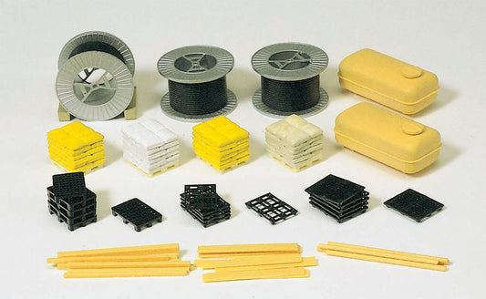 Preiser 17111 HO Scale Cargo Accessories Cable Rolls & Pallets Kit