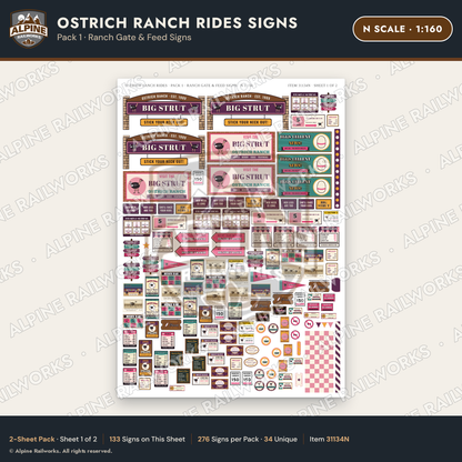 Alpine Railworks 31134N N Scale Roadside Signs - Ostrich Farm