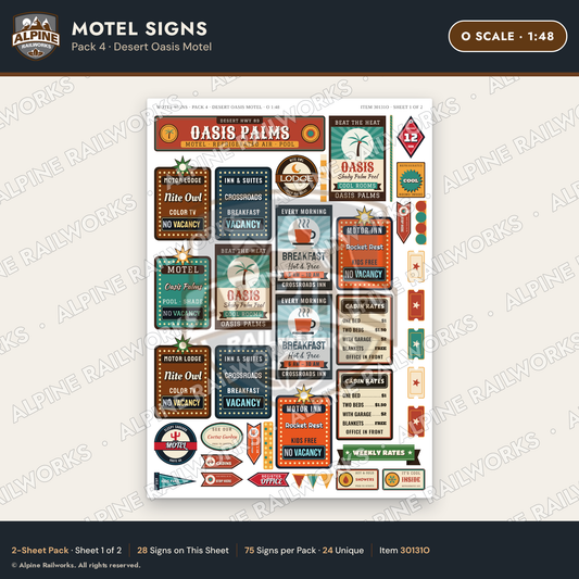 Alpine Railworks 30131O O Scale Motel Signs - Desert Oasis Motel