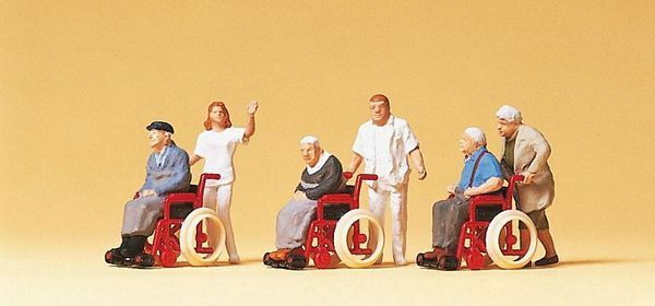 Preiser 10479 HO Scale Pedestrians -- Elderly Being Pushed in Wheelchairs pkg(3)