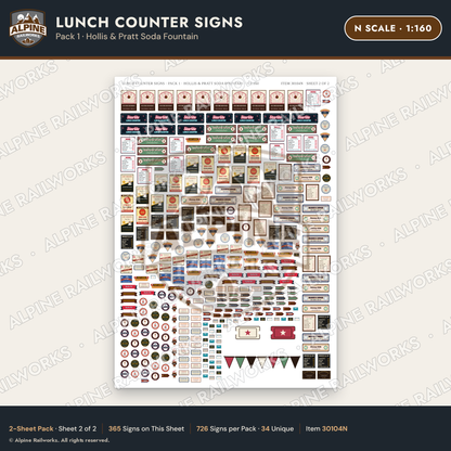 Alpine Railworks 30104N N Scale Lunch Counter Signs - Hollis