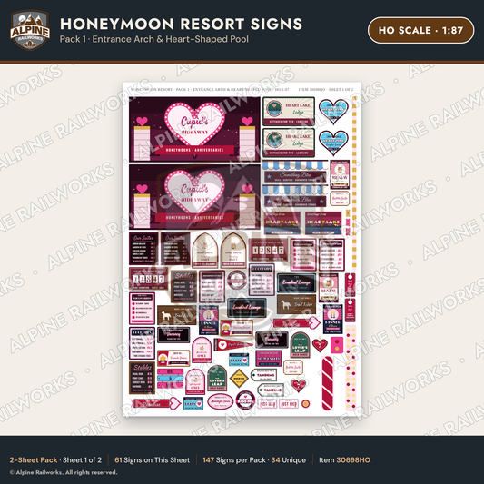 Alpine Railworks 30698HO HO Scale Honeymoon Resort Signs