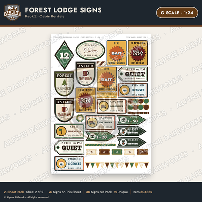 Alpine Railworks 30465G G Scale Forest Lodge Signs - Cabin Rentals