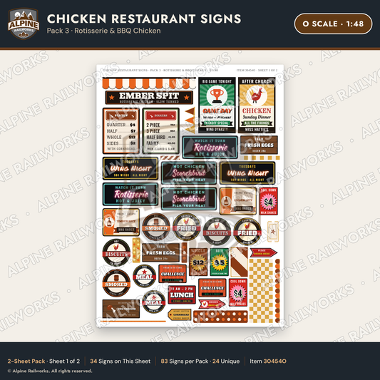 Alpine Railworks 30454O O Scale Chicken Restaurant Signs - Rotisserie