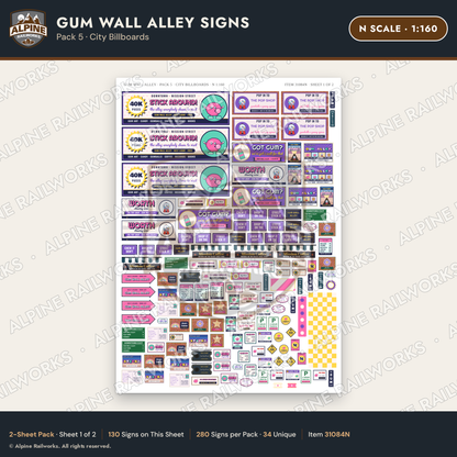 Alpine Railworks 31084N N Scale Roadside Signs - Bubblegum Alley