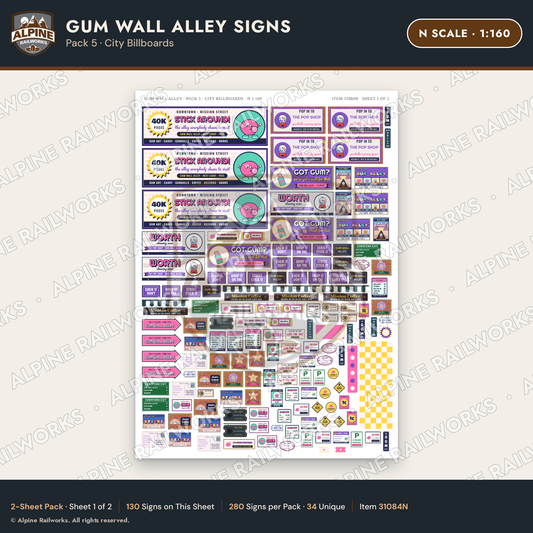 Alpine Railworks 31084N N Scale Roadside Signs - Bubblegum Alley