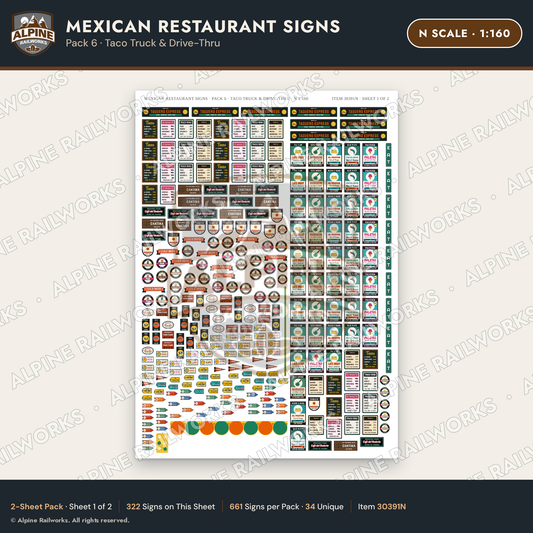 Alpine Railworks 30391N N Scale Mexican Restaurant Signs - Taco Truck