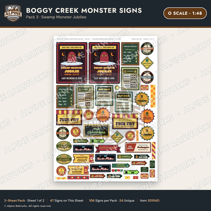 Alpine Railworks 30154O O Scale Boggy Creek Monster Signs