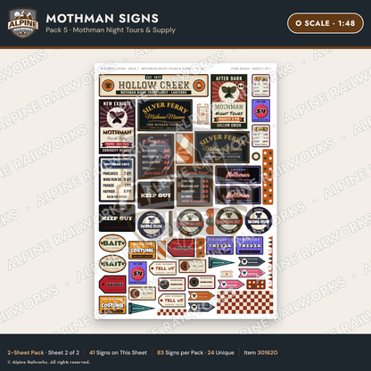 Alpine Railworks 30162O O Scale Mothman Signs - Mothman Night Tours