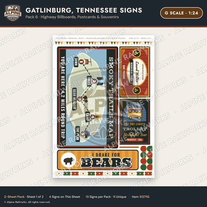 Alpine Railworks 31271G G Scale Gatlinburg TN Signs - Billboards