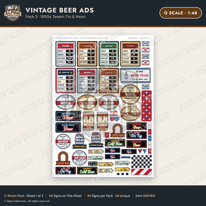 Alpine Railworks 30076O O Scale Vintage Beer Ads - 1950s Tavern Tin