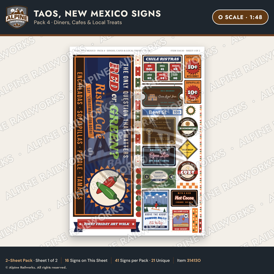 Alpine Railworks 31413O O Scale Taos NM Signs - Diners & Cafes