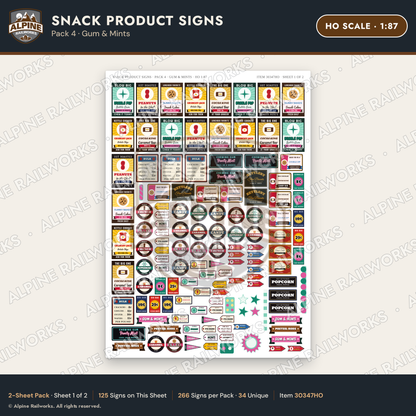 Alpine Railworks 30347HO HO Scale Snack Product Signs - Gum & Mints