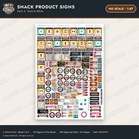 Alpine Railworks 30347HO HO Scale Snack Product Signs - Gum & Mints